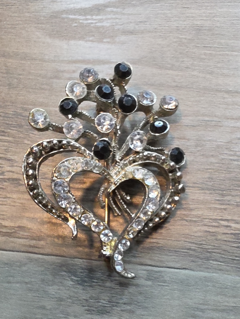 Crystal Heart Floral Brooch - Silver with Black and Clear Stones